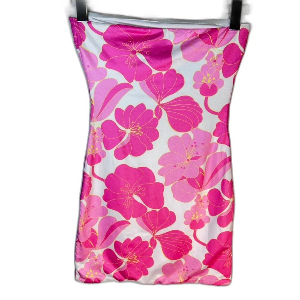 Hello Molly NWT Women's Pink White Tropical Floral Strapless Mini Dress Size XS